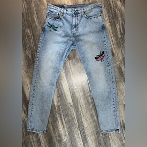 Levis 512 Slim Taper Denim Light Blue Jeans 33x30 Butterfly Bugs Nature Spring